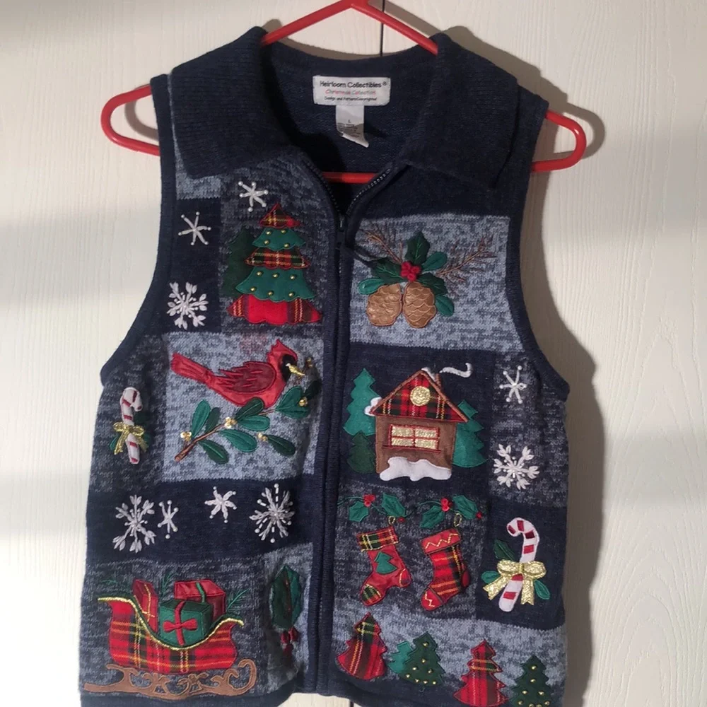 Heirloom Christmas VTG Y2k festive embroidered collection sweater cardigan vest - Picture 2 of 9
